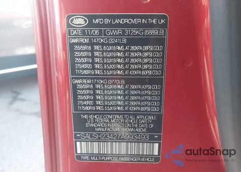 2007 Land Rover Range Rover Sport Supercharged из США, поврежденный, VIN SALSH23427A993493